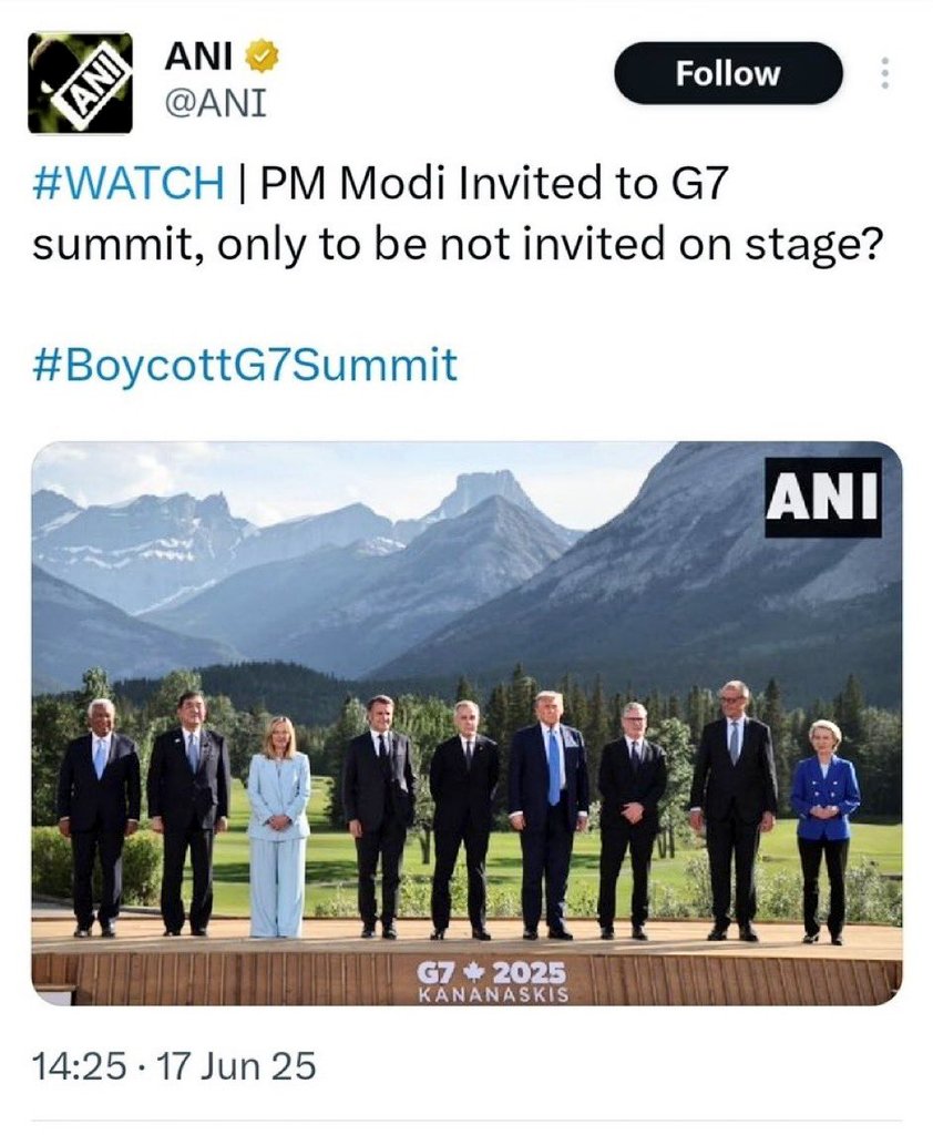 JaysinghYa's tweet image. भारत की बेइज्जती की ऐतिहासिक तस्वीर!
ANI के डिलीट कर देने से सच्चाई बदल थोड़ी जायेगी!
#ModiAtG7 #G7Canada