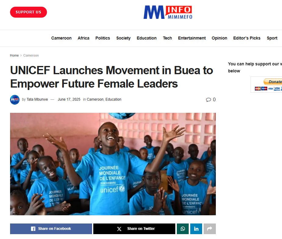 Mimi Mefo Info (@mimimefoinfo) on Twitter photo A powerful new initiative called the Girls’ Vision for the Future Movement is launching in Buea, South West Cameroon, from June 19–20, 2025. Led by UNICEF Cameroon and the Ministry of Women Empowerment and the Family, the campaign aims to amplify the voices and rights of A powerful new initiative called the Girls’ Vision for the Future Movement is launching in Buea, South West Cameroon, from June 19–20, 2025. Led by UNICEF Cameroon and the Ministry of Women Empowerment and the Family, the campaign aims to amplify the voices and rights of