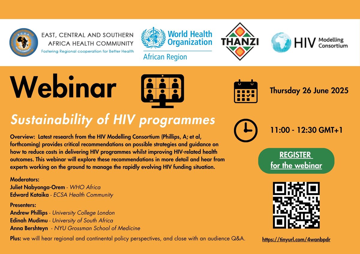 📢 Join our webinar: Sustainability of HIV Programmes! 
Gain insights from latest research &amp; experts on cost reduction &amp; improving HIV-related health outcomes. 
🗓️ June 26, 2025 | 11:00-12:30 GMT+1 
Register now: york-ac-uk.zoom.us/webinar/regist…

#GlobalHealth #Thanzi #HIVModelling