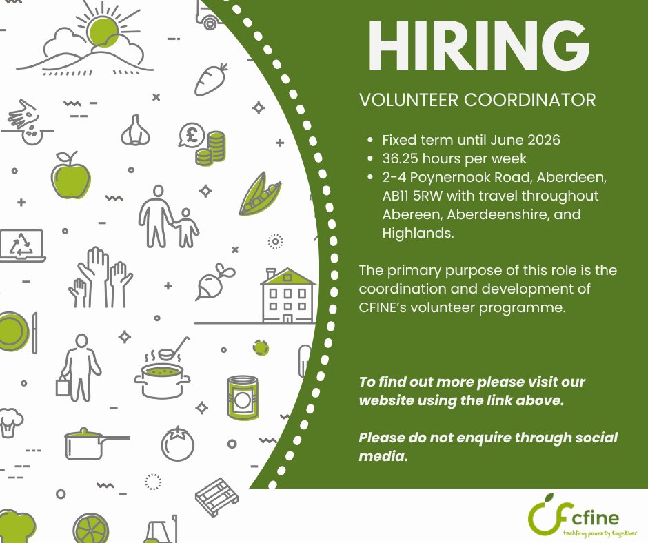 CFINEAberdeen's tweet image. CFINE is currently recruiting for a Volunteer Coordinator!
You can find out more about the role using the link below.
cfine.org/volunteer-coor…
Contact SCockburn@cfine.org for an application form
Applications close 12pm on Wednesday 2nd July 2025
#AberdeenJobs