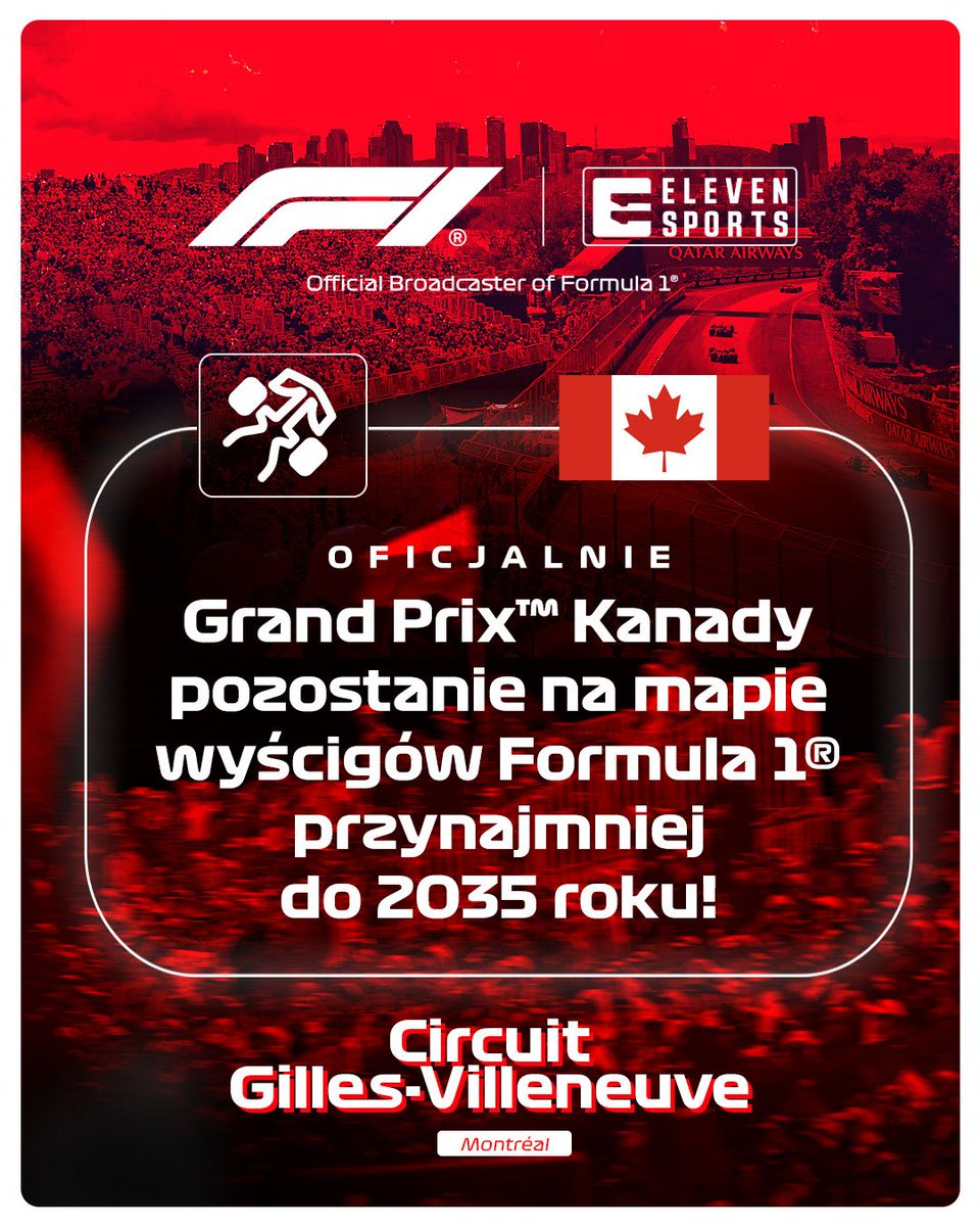 𝐎𝐟𝐢𝐜𝐣𝐚𝐥𝐧𝐢𝐞: #CanadianGP 🇨🇦 𝐳𝐨𝐬𝐭𝐚𝐣𝐞 𝐰 𝐤𝐚𝐥𝐞𝐧𝐝𝐚𝐫𝐳𝐮 #F1 𝐩𝐫𝐳𝐲𝐧𝐚𝐣𝐦𝐧𝐢𝐞𝐣 𝐝𝐨 𝟐𝟎𝟑𝟓 𝐫𝐨𝐤𝐮! 🍁

Uważacie, że słusznie wyścigi na Circuit Gilles-Villeneuve będą stałym punktem na mapie królowej motorsportu w kolejnych latach? 🤔 #ElevenF1 🏁