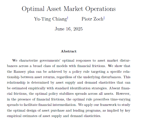 Piotr Żoch (@pzoch5) on Twitter photo New paper with <a href="/YuTingChiang4/">Yu-Ting Chiang</a>: "Optimal Asset Market Operations".
Result: In a large class of models with financial frictions, optimal policy targets a specific relationship between asset returns, determined by observable asset supply and demand elasticities. New paper with <a href="/YuTingChiang4/">Yu-Ting Chiang</a>: "Optimal Asset Market Operations".
Result: In a large class of models with financial frictions, optimal policy targets a specific relationship between asset returns, determined by observable asset supply and demand elasticities.