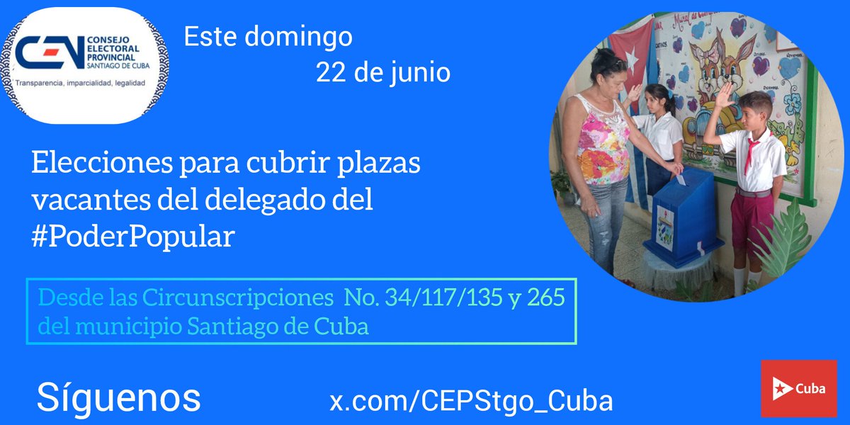 Consejo Electoral Municipal Santiago de Cuba (@cemstgo) on Twitter photo #CENCuba/ 🇨🇺Este domingo 22 de junio en el municipio de #SantiagoDeCuba, se desarrollará una jornada electoral para cubrir plazas vacantes de delegados del #PoderPopular
Síguenos en <a href="/cemstgo/">Consejo Electoral Municipal Santiago de Cuba</a> y <a href="/CEPStgo_Cuba/">Consejo Electoral Provincial Santiago de Cuba🇨🇺</a> #CENCuba/ 🇨🇺Este domingo 22 de junio en el municipio de #SantiagoDeCuba, se desarrollará una jornada electoral para cubrir plazas vacantes de delegados del #PoderPopular
Síguenos en <a href="/cemstgo/">Consejo Electoral Municipal Santiago de Cuba</a> y <a href="/CEPStgo_Cuba/">Consejo Electoral Provincial Santiago de Cuba🇨🇺</a>