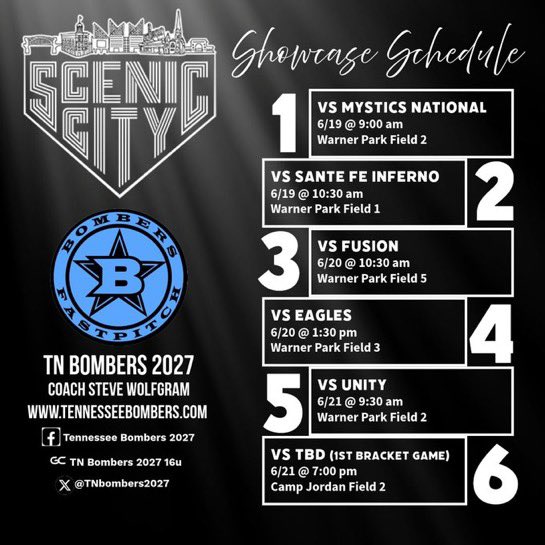 Schedule drop for this weekend playing in the Scenic City Showcase tournament in Chattanooga!!⬇️⬇️⬇️

Can’t wait for an amazing weekend with <a href="/TNbombers2027/">Tennessee Bombers 2027</a>