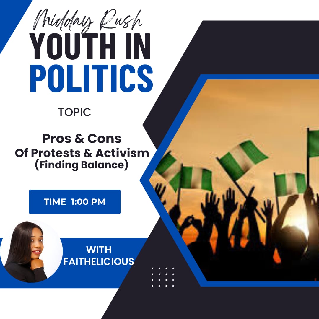 Join us now, with our host; <a href="/faithelicious/">Faith Onyebujoh</a> &amp; guest Toritseju Onwubiko <a href="/tojubikz/">T O R I T S E J U</a> on the topic-pros &amp; cons of protests and activism &amp; striking a constructive balance in a #democratic society
Tune in-be a part of the conversation #democracyradio #youthinpolitics