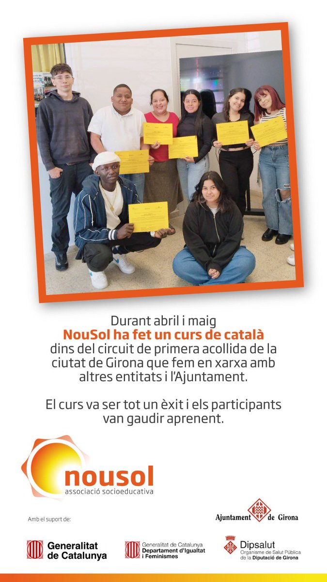 NouSol ONG (@nousolorg) on Twitter photo Durant abril i maig NouSol ha fet un curs de català dins del circuit de primera acollida de la ciutat de Girona que fem en xarxa amb altres entitats i l'Ajuntament. El curs va ser tot un èxit i els participants van gaudir aprenent. <a href="/Girona_Cat/">Ajuntament de Girona</a> <a href="/Dipsalut/">Dipsalut</a> <a href="/gencat/">Generalitat de Catalunya</a> <a href="/igualtatcat/">Igualtat i Feminisme</a> Durant abril i maig NouSol ha fet un curs de català dins del circuit de primera acollida de la ciutat de Girona que fem en xarxa amb altres entitats i l'Ajuntament. El curs va ser tot un èxit i els participants van gaudir aprenent. <a href="/Girona_Cat/">Ajuntament de Girona</a> <a href="/Dipsalut/">Dipsalut</a> <a href="/gencat/">Generalitat de Catalunya</a> <a href="/igualtatcat/">Igualtat i Feminisme</a>