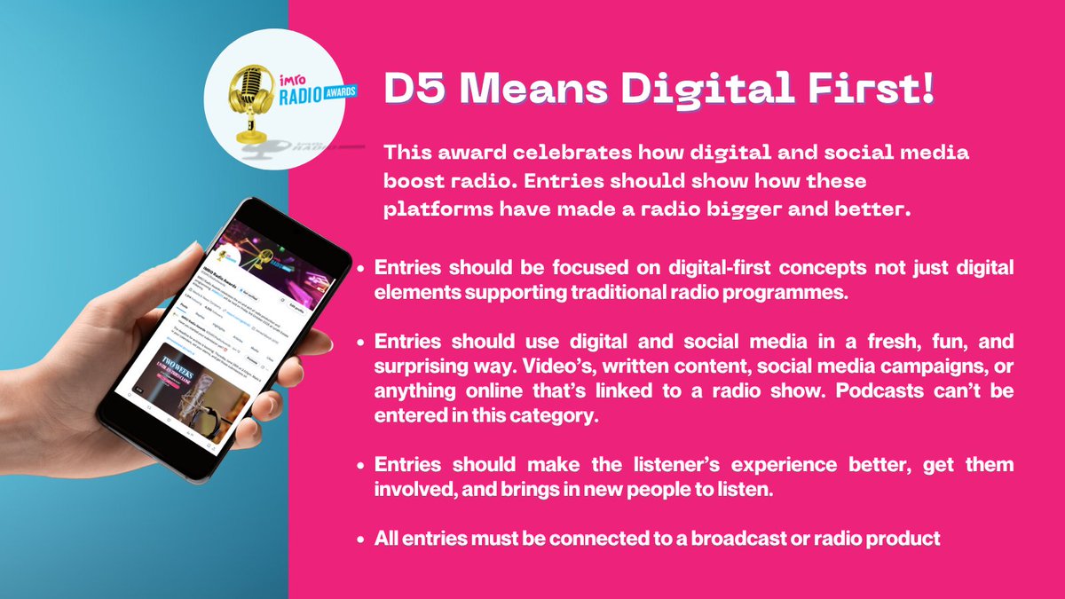 IMRORadioAwards's tweet image. What does digital first mean? D5 Digital and Social Innovation is the perfect category to show how digital and social media platforms have made radio bigger and better!
@imroireland @cnam_ie