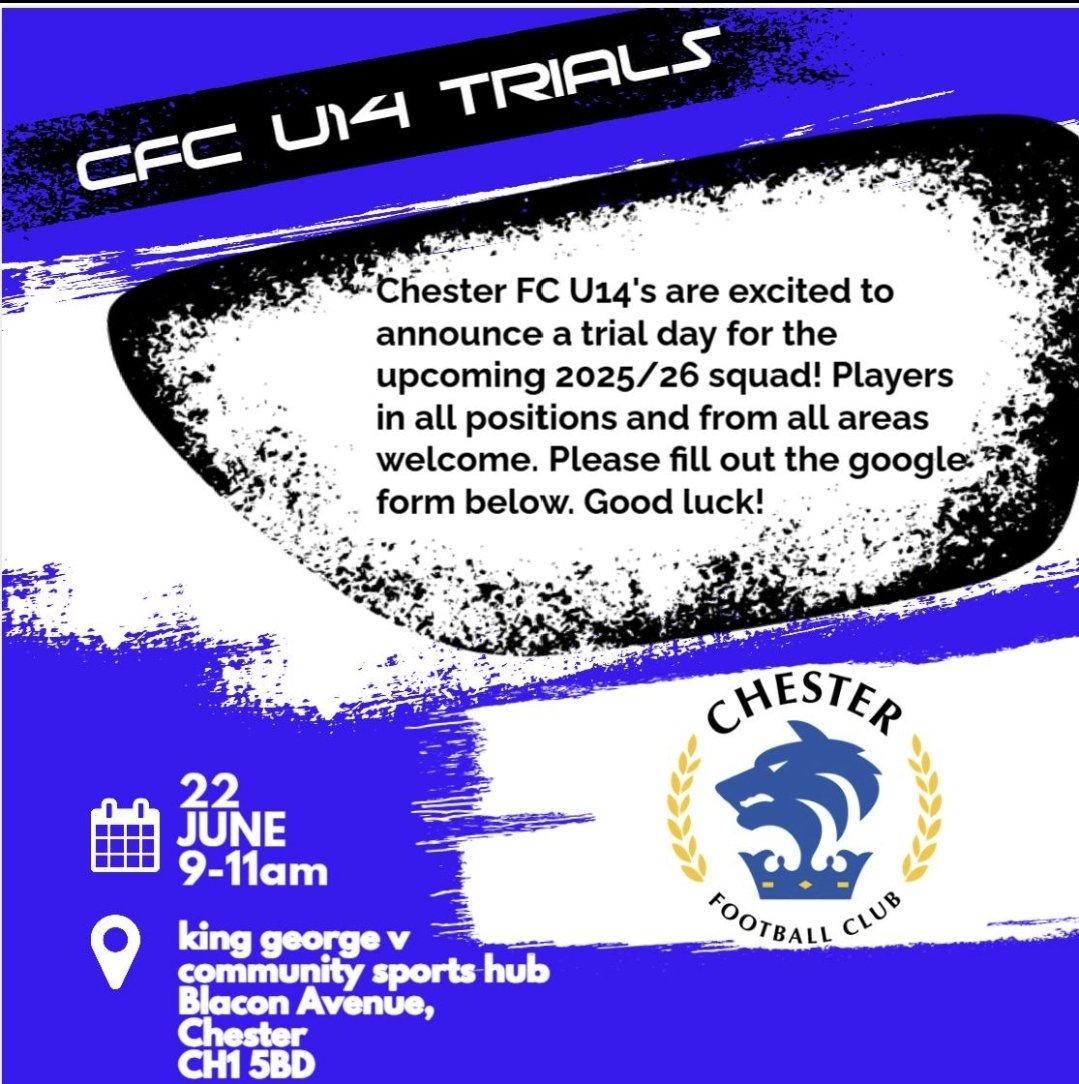 Chester u14s Trial day, please register your interest. 22nd June, 9am at KG.

docs.google.com/forms/d/e/1FAI…