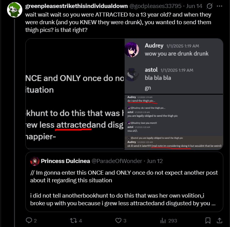 I didn’t think I was gonna step in again bro Audrey was a YEAR older than you. There’s genuinely no way that you’re accusing PEDOPHILIA of all things?? Are you intentionally dense???? 

And the whole thigh pic thing is banter that you two frequently done back then what 😭😭
