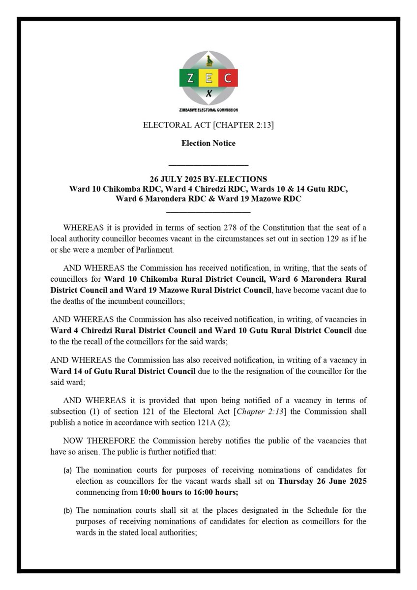ZimDecide2023's tweet photo. Notice of By-elections scheduled for 26 July 2025. https://t.co/zxwawOer6E