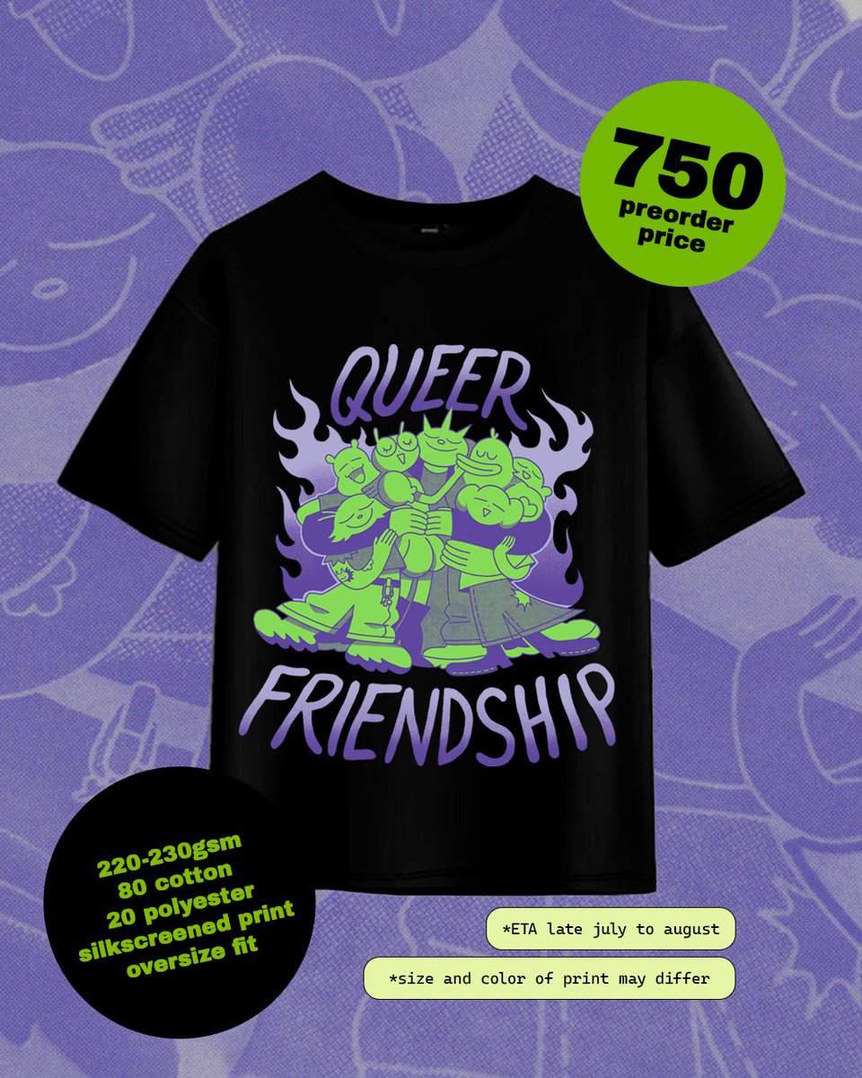 now taking local preorders for a new batch of QUEER FRIENDSHIP shirts 💚💜💚💜💚 first 10 orders comes with a free print!

order form: bit.ly/qfshirt
(if you're outside the philippines and are interested in ordering a shirt, DM me!)

size chart in thread below 👇