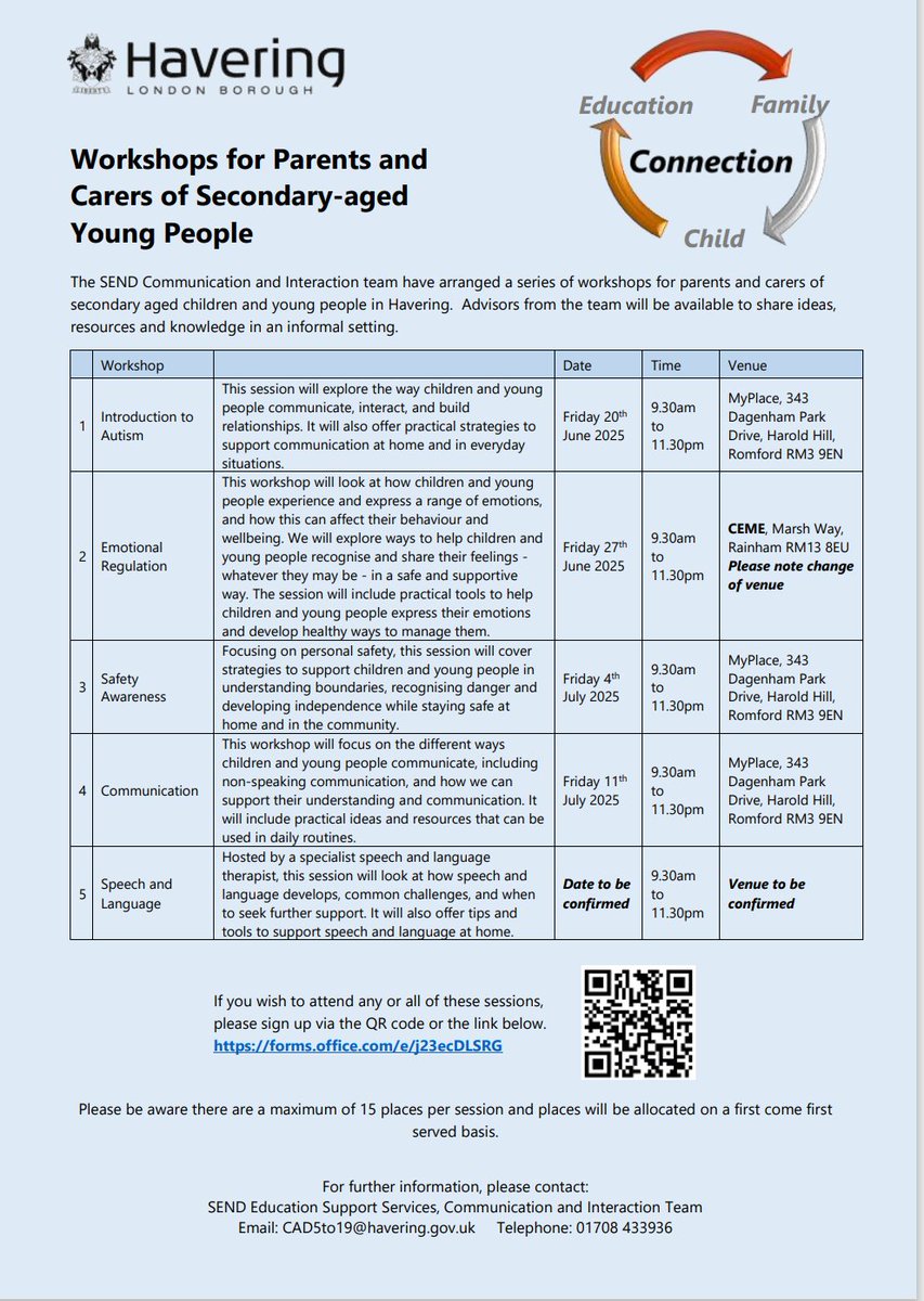 plcHallMead's tweet photo. Please see the attached flyer with information about a series of workshops that have been arranged by Communication and Interaction Advisors for parents and carers of secondary aged young people.
The first workshop takes place this week on Friday 20th June. https://t.co/ScXLQLR1Dd