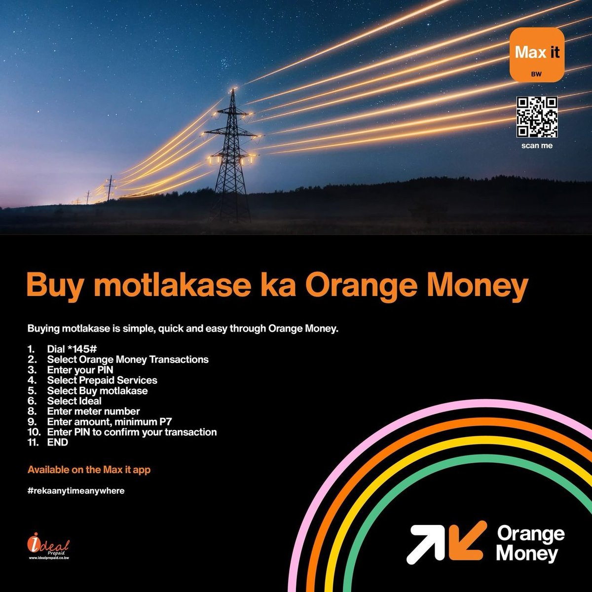 Tlola di line tse di telele, o dirise mogala wa letheka go reka motlakase!⚡️😃
Tobetsa *145# or use the Max it App today. 
#OrangeMoney #rekaanytimeanywhere