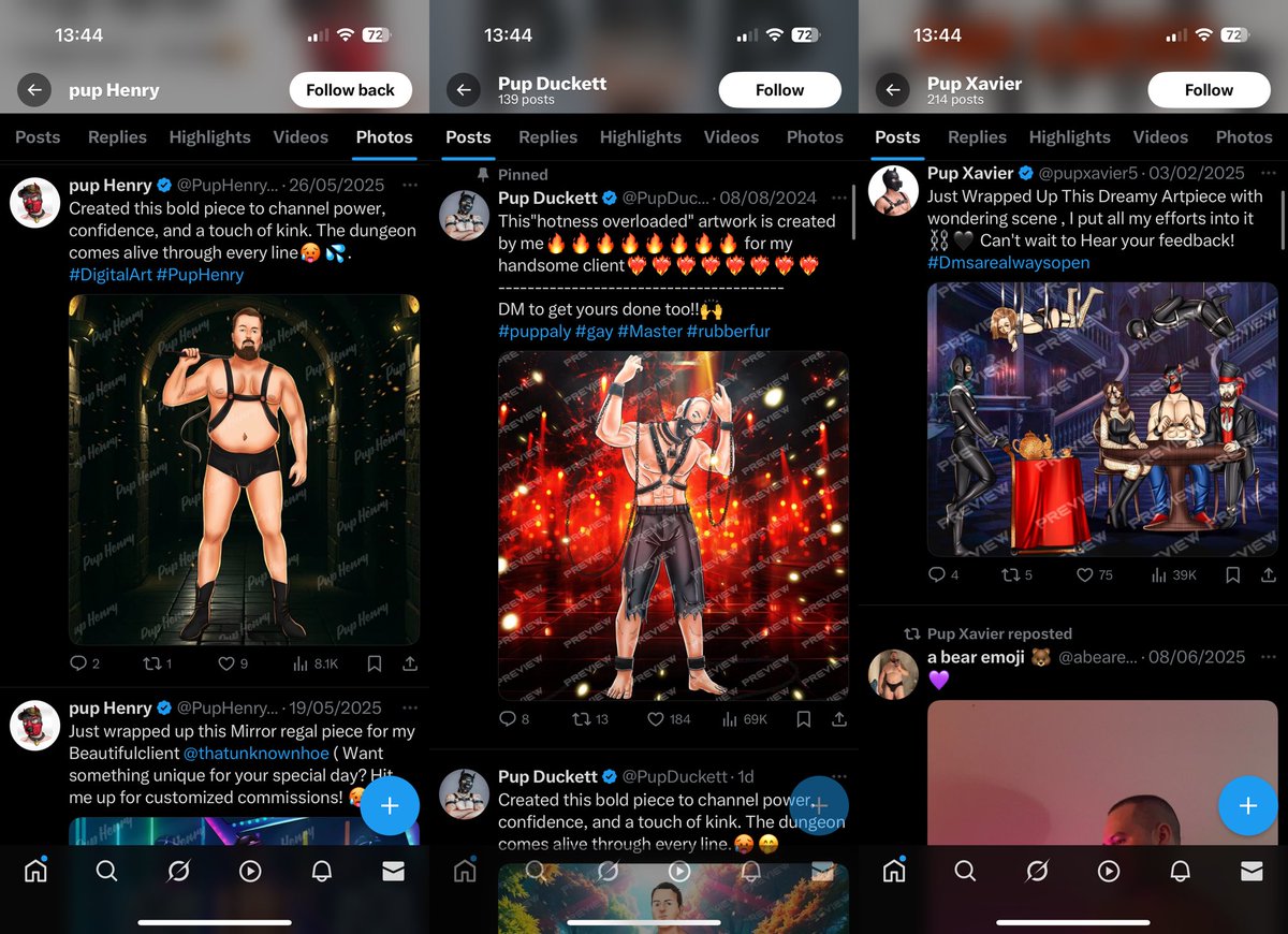 Is anyone else getting these almost identical “verified” pup accounts that claim to be a “graphic designer” following and messaging wanting to commission pictures. Subjectively these look like bad AI, and bots using similar wording? E.g. <a href="/PupHenry8780/">pup Henry</a> <a href="/pupxavier5/">Pup Xavier</a> <a href="/PupDuckett/">Pup Duckett</a>