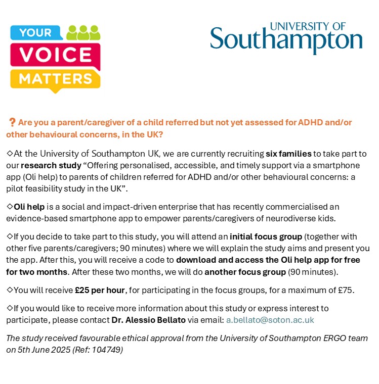 Call for research participants!

Are you a parent/caregiver of a child referred but not yet assessed for ADHD and/or other behavioural concerns, in the UK?

Researchers from the University of Southampton UK are currently recruiting six families to take part in their research