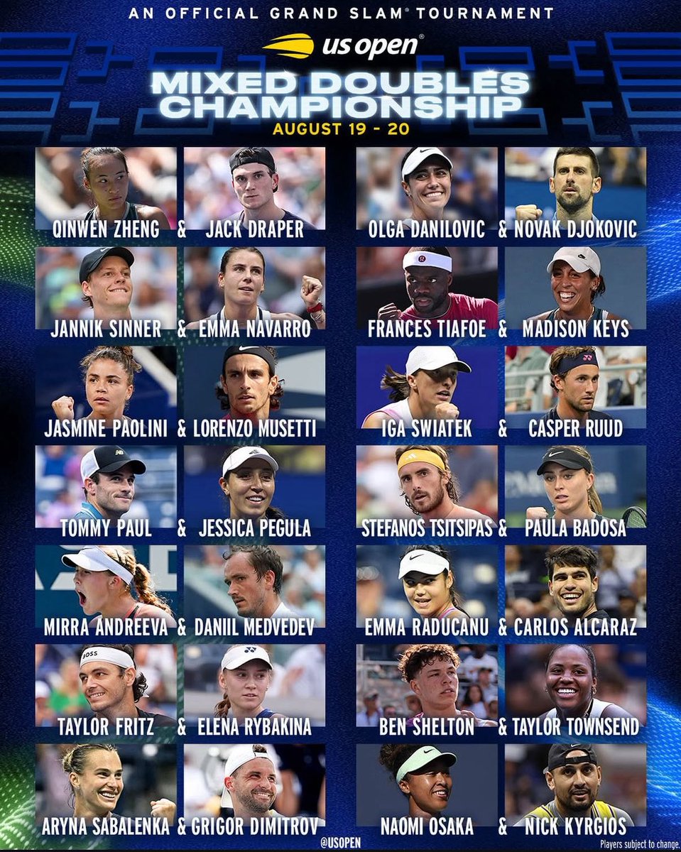 ¡MIREN LO QUE ES EL DOBLES MIXTO DEL US OPEN!

🇨🇳 Zheng y 🇬🇧 Draper
🇮🇹 Sinner y 🇺🇸 Navarro
🇮🇹 Paolini y 🇮🇹 Musetti
🇺🇸 Paul y 🇺🇸 Pegula
🇷🇺 Andreeva y 🇷🇺 Medvedev
🇺🇸 Fritz y 🇰🇿 Rybakina
🇧🇾 Sabalenka y 🇧🇬 Dimitrov
🇷🇸 Danilovic y 🇷🇸 Djokovic
🇺🇸 Tiafoe y 🇺🇸 Keys
🇵🇱 Swiatek y 🇳🇴 Ruud