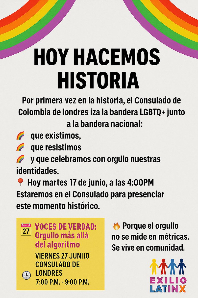 🏳️‍🌈 HOY HACEMOS HISTORIA
Por primera vez, el @consuladocollondres iza la bandera LGBTQ+ en su sede en Londres 🇨🇴
Un acto de orgullo, comunidad y visibilidad 🌈
En colaboración con <a href="/ColombiaNosUne/">Colombia Nos Une</a> y #ExilioLatinx
🕓 17 de junio, 4PM – 35 Portland Place, W1B 1AE
#PrideInLondon