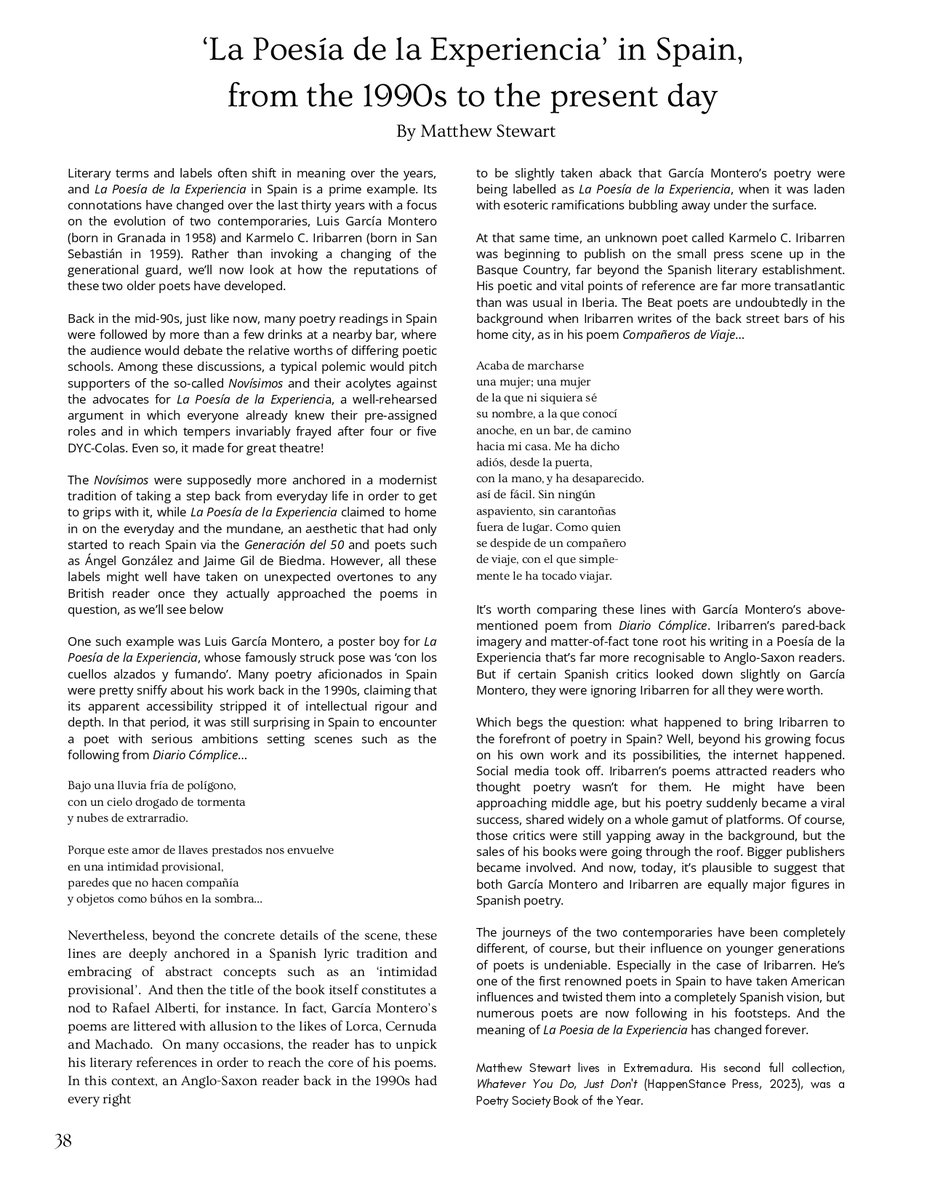 Matthew Stewart (@roguestrands) on Twitter photo Here's my recent article from the Madrid Review (<a href="/madridlitmag/">The Madrid Review</a>). Titled ‘La Poesía de la Experiencia in Spain, from the 1990s to the present day’, its focus is on Luis García Montero and Karmelo C. Iribarren... Here's my recent article from the Madrid Review (<a href="/madridlitmag/">The Madrid Review</a>). Titled ‘La Poesía de la Experiencia in Spain, from the 1990s to the present day’, its focus is on Luis García Montero and Karmelo C. Iribarren...