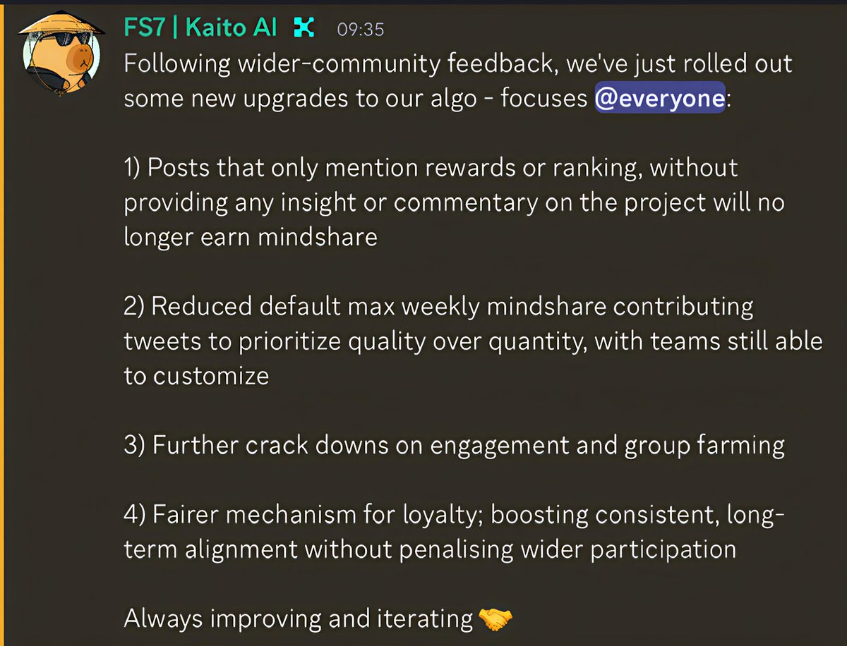 jaggadaku (@jaggadaku931) on Twitter photo 🚨 New updates from <a href="/KaitoAI/">Kaito AI 🌊</a> are live
They’re making the algo smarter with these key changes:
✅ No rewards for low-effort reward/rank tweets
✅ Weekly tweet caps to keep it clean
✅ No more engagement farming
✅ Loyalty = consistency, not just volume
Loving the constant 🚨 New updates from <a href="/KaitoAI/">Kaito AI 🌊</a> are live
They’re making the algo smarter with these key changes:
✅ No rewards for low-effort reward/rank tweets
✅ Weekly tweet caps to keep it clean
✅ No more engagement farming
✅ Loyalty = consistency, not just volume
Loving the constant