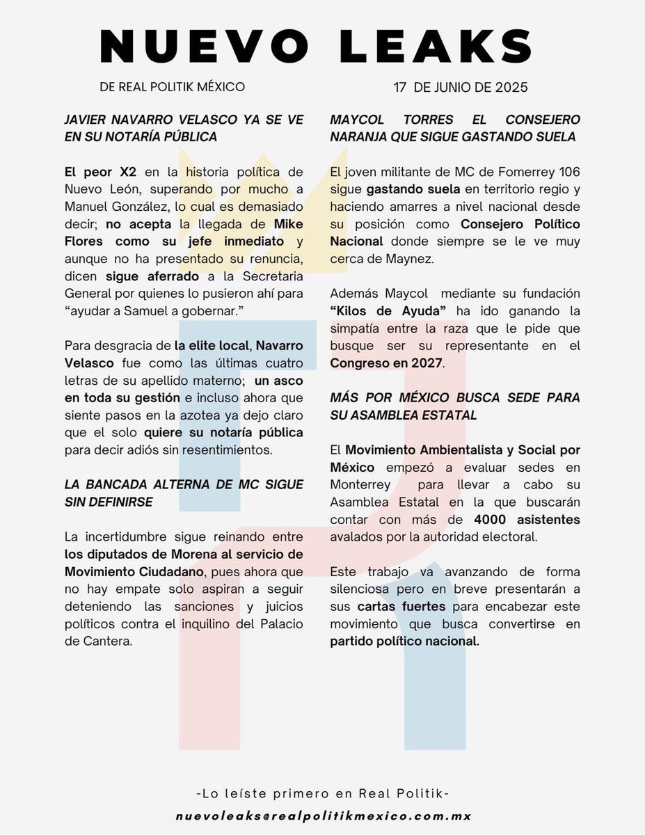 RealPolitikNL's tweet photo. #NuevoLeaks 

@javier_navarrov quiere su notaría… La bancada Fosforena sigue sin definirse… Maycol Torres destaca en MC… Más Por México se prepara para Asamblea Estatal… https://t.co/Hnqm49DAad