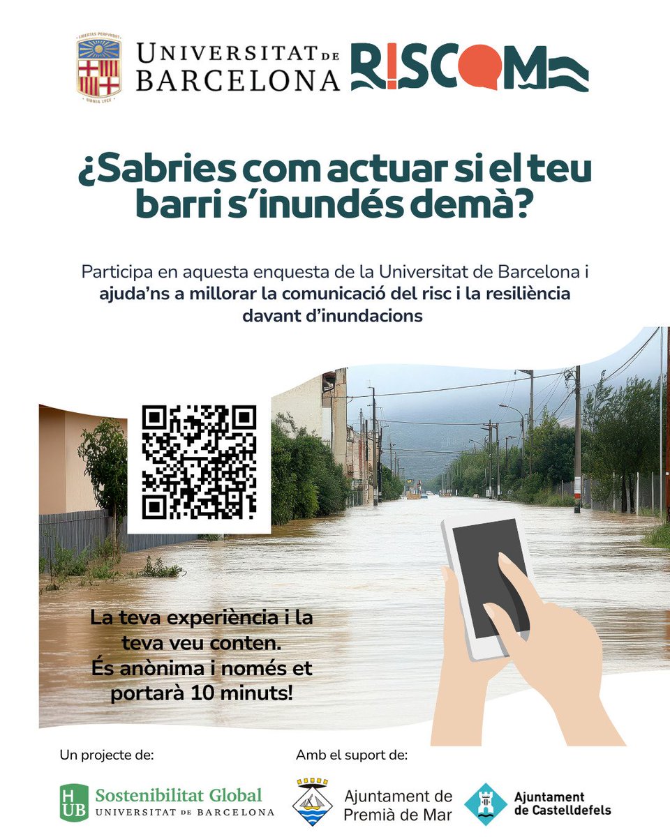🌊 Vius en un municipi de la costa catalana?
Ens interessa la teva opinió sobre el risc d’ #inundacions i com millorar la comunicació en situacions d’ #emergència.
📋 Participa a l’enquesta: 
 👉 lnkd.in/dtbSecmF
Moltes gràcies per participar!
#DANA #RISCOM