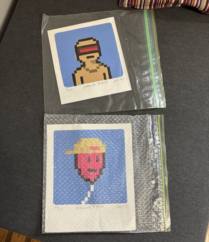 Look what I just found! <a href="/Nakamigos/">Nakamigos</a>

I got #63/69 of the Naked VR and #28/69 of the balloon with the gucci hat! These were hand painted and made with love, can someone tag the Artist Digi, she’s amazing!

Should I Frame these? They might be worth more than the NFTs themselves.