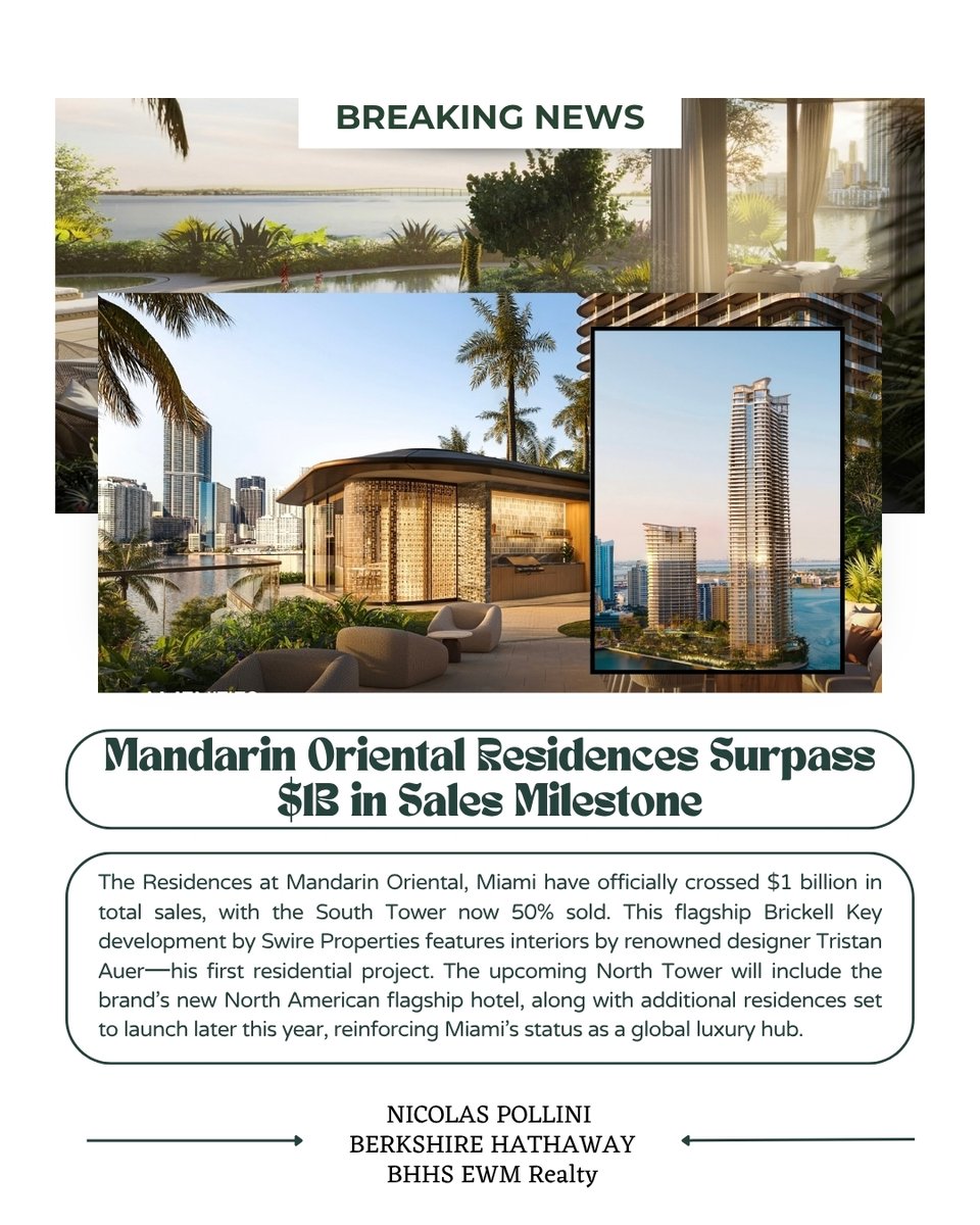nicolaspollini's tweet image. 📍 $1B+ in sales and 50% sold — The Residences at Mandarin Oriental, Miami are setting a new standard on Brickell Key.

Next up: the North Tower &amp;amp; the brand’s flagship North American hotel.

#LuxuryLiving #MandarinOrientalMiami #BrickellKey #MiamiRealEstate #nicolaspollini