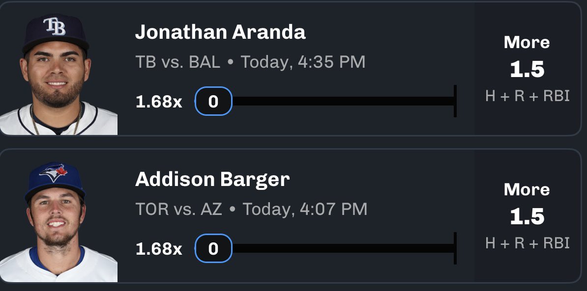 The MLB CB Hitters Lay⛽️

Jonathan Aranda 1.5 HRR “O”
Addison Barger 1.5 HRR “O”

My favorite two hitters HRR props for today that I’m sprinkling!

❤️IF TAILING

Code AUSTIN on CB for $100 match! linktr.ee/AustinCB