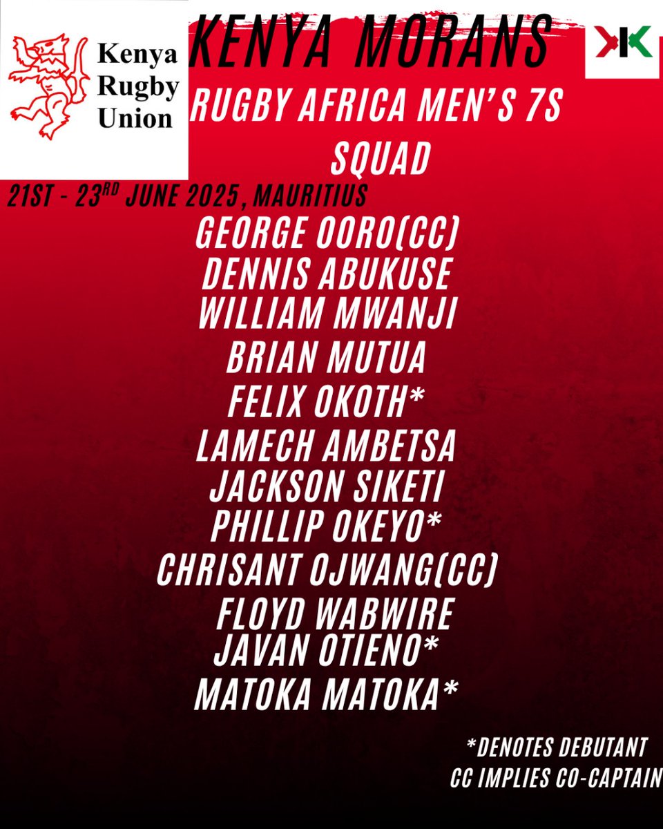 The Kenya Morans Travelling 12, for the Rugby Africa Men's 7s tournament in Mauritius over the weekend, have been named. Four debutants join the squad alongside returning players.

#KenyaMorans #RugbyAfricaMens7s #xixsports #RugbyKE