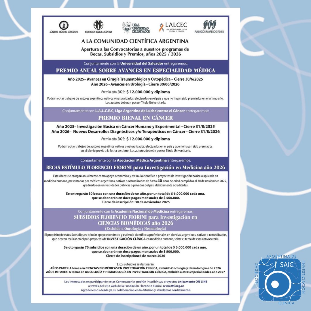 CONVOCATORIAS 2025/2026 a Premios, Becas y Subsidios en Invest. Medicina

Fecha límite: 30 de junio de 2025

Informes: fff.org.ar

#premio
#fundaciónfiorini