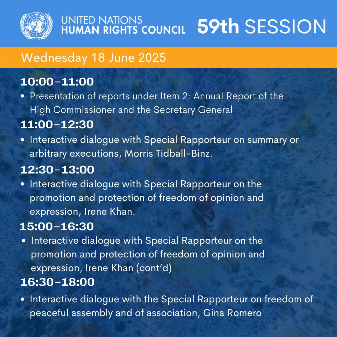 UN_HRC's tweet image. 🔵 TODAY at #HRC59 from 10:00 a.m.
Watch it here ➔webtv.un.org/en
Schedule ➔hrc59session.sched.com