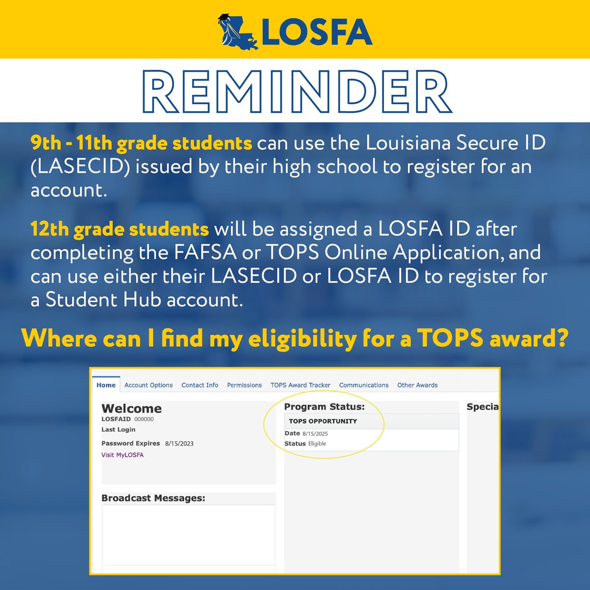 TOPS Processing is underway! The easiest way to see if you're eligible for TOPS is by logging into your Student Hub account at mylosfa.la.gov/applications/s…. Once you've been processed for eligibility, your TOPS status will be visible on the Home page under "Program Status."