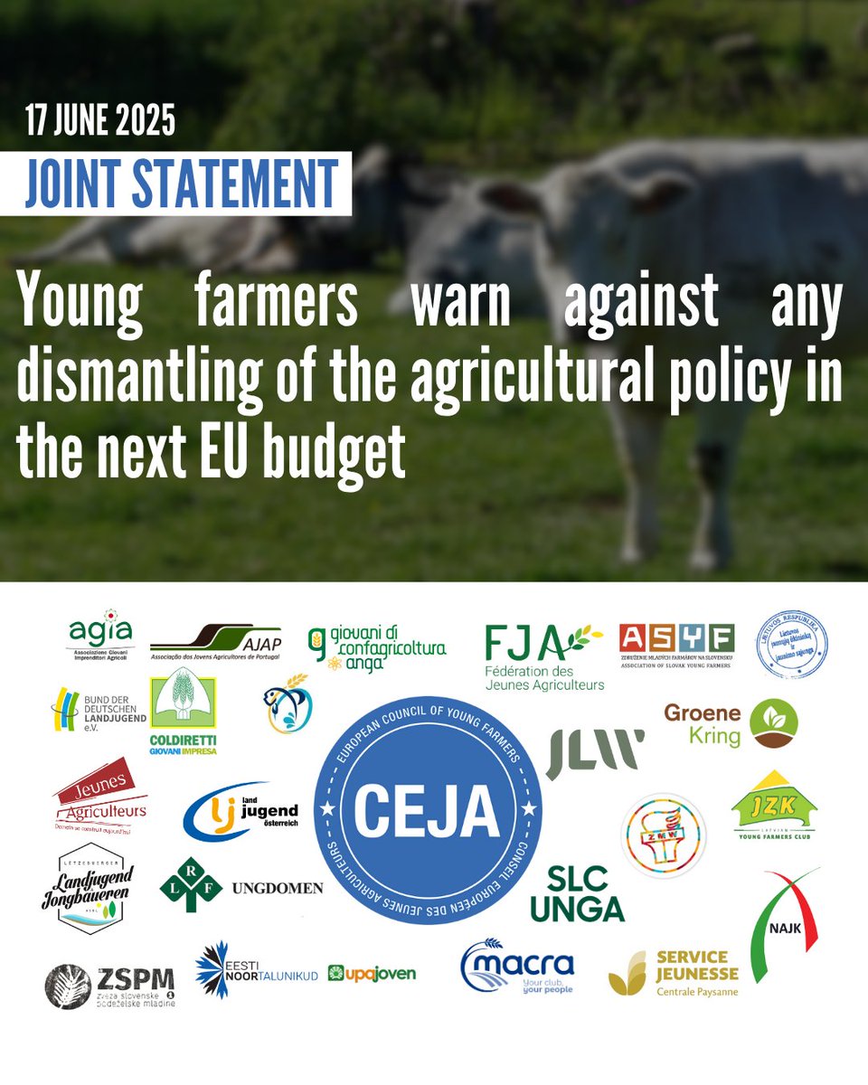 [JOINT STATEMENT]

Young farmers warn against any dismantling of the agricultural policy in the next EU budget.

🔗Full statement: wordpress.ceja.eu/wp-content/upl…