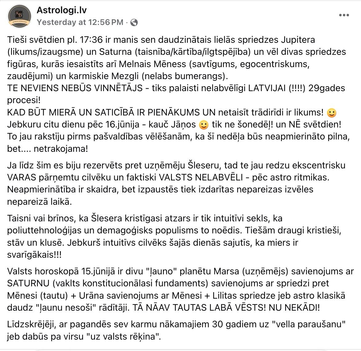 psihoterapists's tweet photo. Kristaps Baņķis:

"Ja līdz šim biju rezervēts pret uzņēmēju Šleseru, tad te jau redzu ekscentrisku VARAS pārņemtu cilvēku un faktiski VALSTS NELABVĒLI - pēc  astro ritmikas. 

Neapmierinātība ir skaidra, bet izpausmēs nepareizas izvēles nepareizā laikā."

- Astrologi, 12.06.2025 https://t.co/bqVguZNVt5