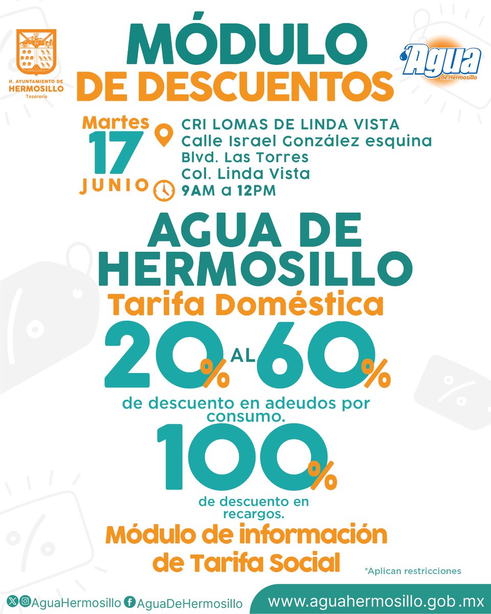 ¡Estamos a punto de iniciar nuestro Módulo de Descuentos!📢

🚨Te esperamos en CRI Lomas de Linda Vista en 📍calle Israel González y Blvr. Las Torres, a partir de las 9:00am y hasta las 12:00pm.

¡Aprovecha la oportunidad y regulariza tu servicio!✅✅