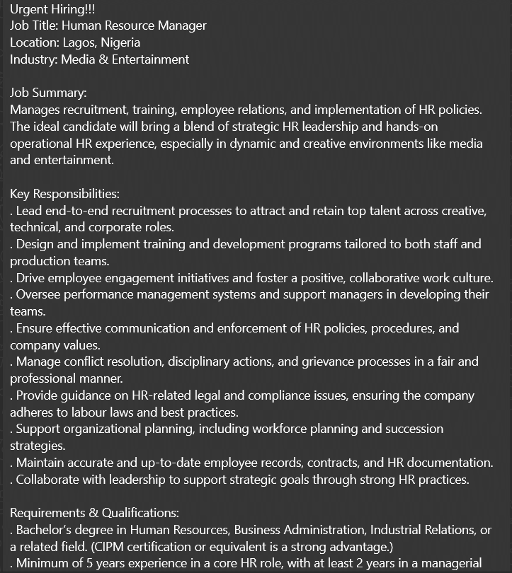 Human Resource Manager needed
Lagos, Nigeria
5+ yrs exp, CIPM cert, media/entertainment exp
Apply: aadeleke@icsoutsourcing.com
#HRJobs #LagosJobs #Hiring