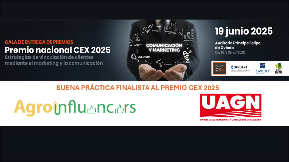 🏆🚜#AgroinfluencersUAGN, finalista al Premio #CEX 2025 <a href="/CentrosCex/">Centros Excelencia</a> 

El proyecto competirá por el galardón el 19 de junio en #Oviedo a partir de las 10:30 h.

💻SIGUE EL EVENTO EN:
youtube.com/@cexcentrosdee…

Organizado por el CEX, Club Asturiano de Calidad clubcalidad.com