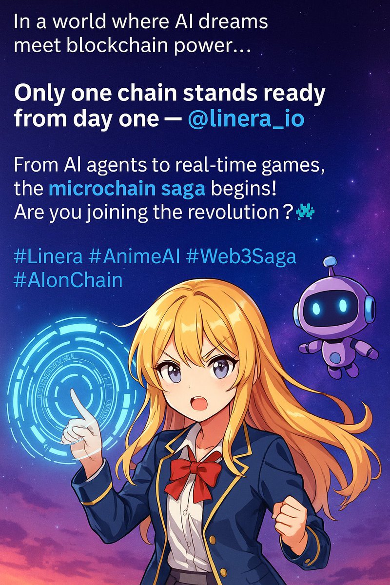 Aditya604551422's tweet photo. 🔥In a world where Al dreams meet
blockchain power...
Only one chain stands ready from day one — @linera_io
From Al agents to real-time games, the microchain saga begins!
Are you joining the revolution?
#Linera #AnimeAl #Web3Saga #AlonChain https://t.co/mHuSOEXvaU