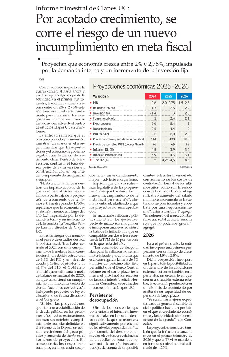 [NOTA <a href="/__elmercurio/">El Mercurio</a>] En nuestro informe macroeconómico del segundo trimestre de 2025 proyectamos un #CrecimientoEconómico de entre 2% y 2,75% en Chile, pero advertimos sobre el riesgo de incumplimiento de las metas fiscales. 

Nuestro director, <a href="/felipelarrain/">Felipe Larraín B.</a> también destaca la
