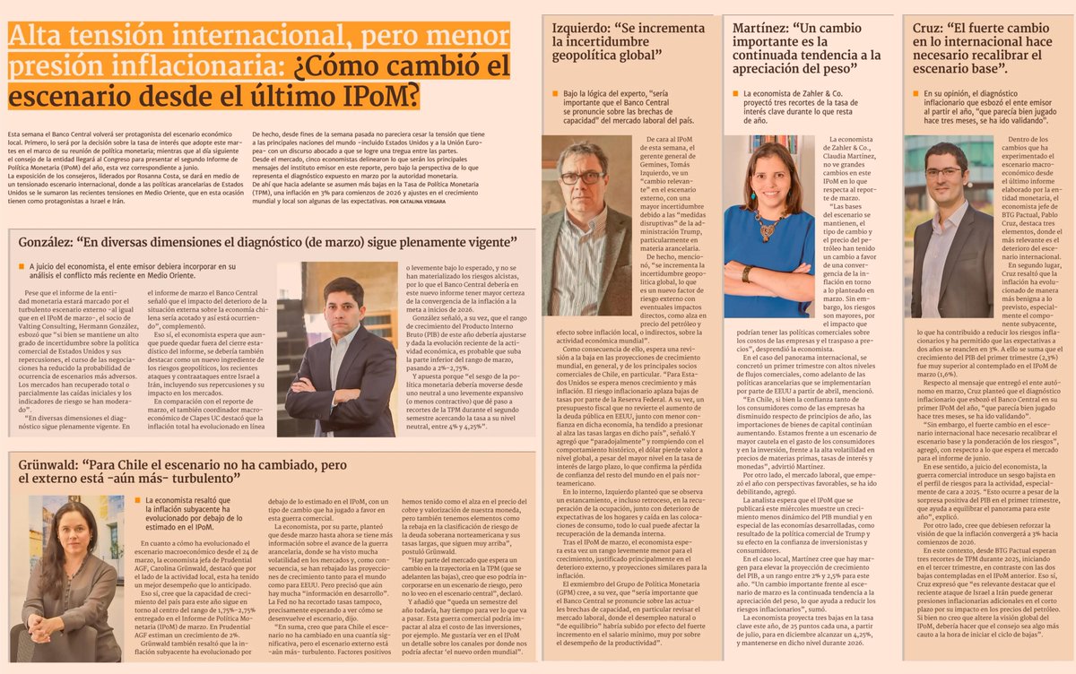 [NOTA <a href="/DFinanciero/">Diario Financiero</a>] Nuestro coordinador macroeconómico <a href="/hegonzalb/">Hermann González</a> indicó que, a pesar de la alta #incertidumbre sobre la política comercial de #EstadosUnidos, el curso de las negociaciones ha reducido la probabilidad de escenarios adversos. Además, destacó que la #inflación ha