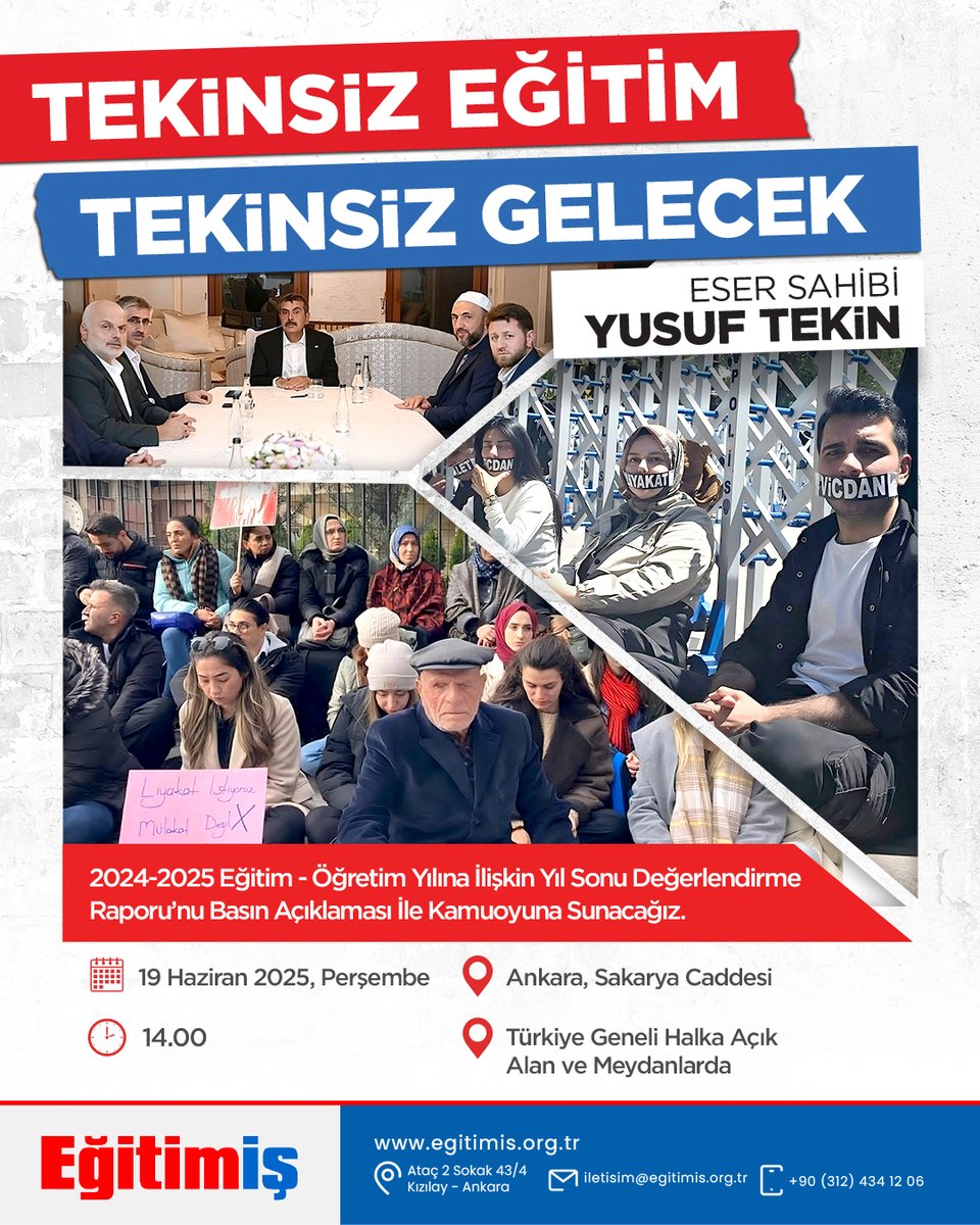 Eğitim-İş olarak, 2024-2025 eğitim-öğretim yılına dair hazırladığımız yıl sonu değerlendirme raporunu, yaşanan sorunlara dikkat çeken “Tekinsiz Eğitim, Tekinsiz Gelecek” sergisiyle birlikte kamuoyuyla paylaşacağız.

🗓 Tarih: 19 Haziran 2025, Perşembe
🕒 Saat: 14.00
📍 Yer: