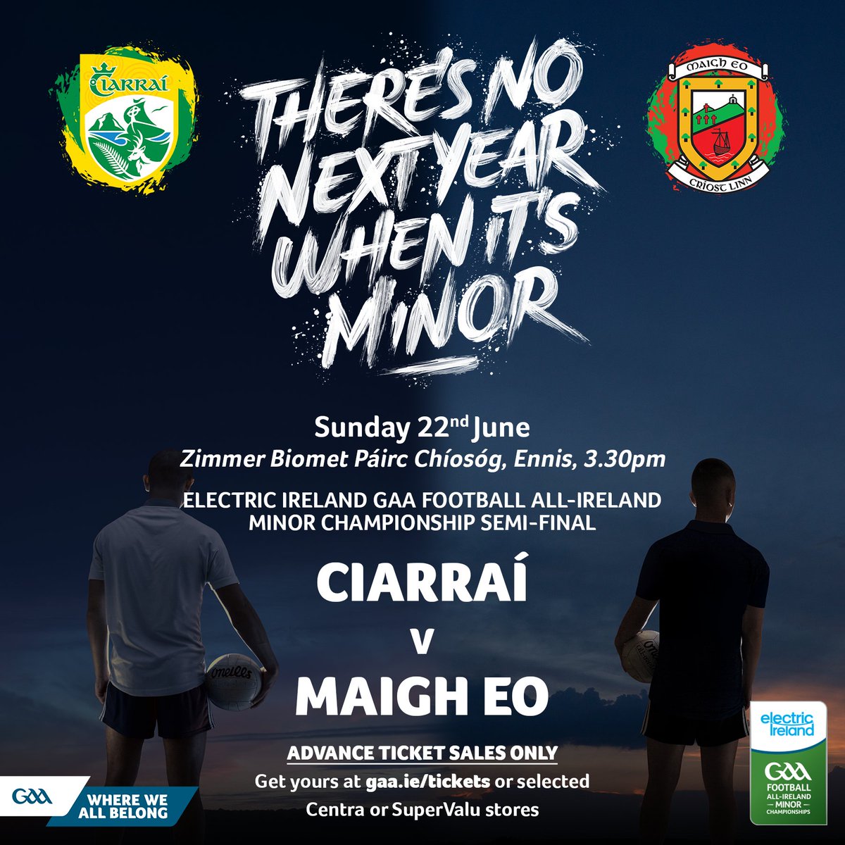 *Electric Ireland All Ireland U17 football Championship Semi final*

Our Minor Footballers face Kerry in the Electric Ireland  All-Ireland U17 Championship Semi final this Sunday.

⏰ Throw-in at 3.30pm.

📍 Zimmer Biomet Páirc Chíósóg, Ennis

Tickets are available here:  👇👇👇