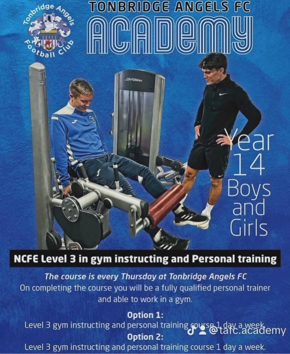 🎓 YEAR 14 PT COURSE + FULL-TIME FOOTBALL! ⚽️

Finishing Year 13 &amp; unsure what’s next?
Get a FREE PT qualification (1 day/week) + play for Tonbridge Angels Academy!

✅ Fully qualified PT
✅ Train/play full-time
🔥 3 first-team debuts this year!

form.jotform.com/80232498549364