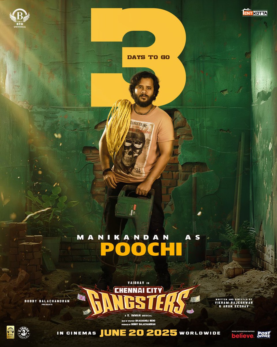 தமிழ் வீதி (@tamilveedhi) on Twitter photo Just 3 days for the gang to crack into cinemas!
#ChennaiCityGangsters releasing June 20th! 🧨🎭
An <a href="/immancomposer/">D.IMMAN</a> musical!
<a href="/BTGUniversal/">BTG Universal</a> <a href="/bbobby/">bbobby</a> <a href="/ManojBeno/">Manoj Beno</a> <a href="/actor_vaibhav/">Vaibhav</a> <a href="/AthulyaOfficial/">Athulyaa Ravi</a> <a href="/Mani_Rajeshh/">Manikanta Rajesh</a> #VikramRajeshwar #ArunKeshav #AnandRaj <a href="/redin_kingsley/">Redin Kingsley</a> #Johnvijay Just 3 days for the gang to crack into cinemas!
#ChennaiCityGangsters releasing June 20th! 🧨🎭
An <a href="/immancomposer/">D.IMMAN</a> musical!
<a href="/BTGUniversal/">BTG Universal</a> <a href="/bbobby/">bbobby</a> <a href="/ManojBeno/">Manoj Beno</a> <a href="/actor_vaibhav/">Vaibhav</a> <a href="/AthulyaOfficial/">Athulyaa Ravi</a> <a href="/Mani_Rajeshh/">Manikanta Rajesh</a> #VikramRajeshwar #ArunKeshav #AnandRaj <a href="/redin_kingsley/">Redin Kingsley</a> #Johnvijay