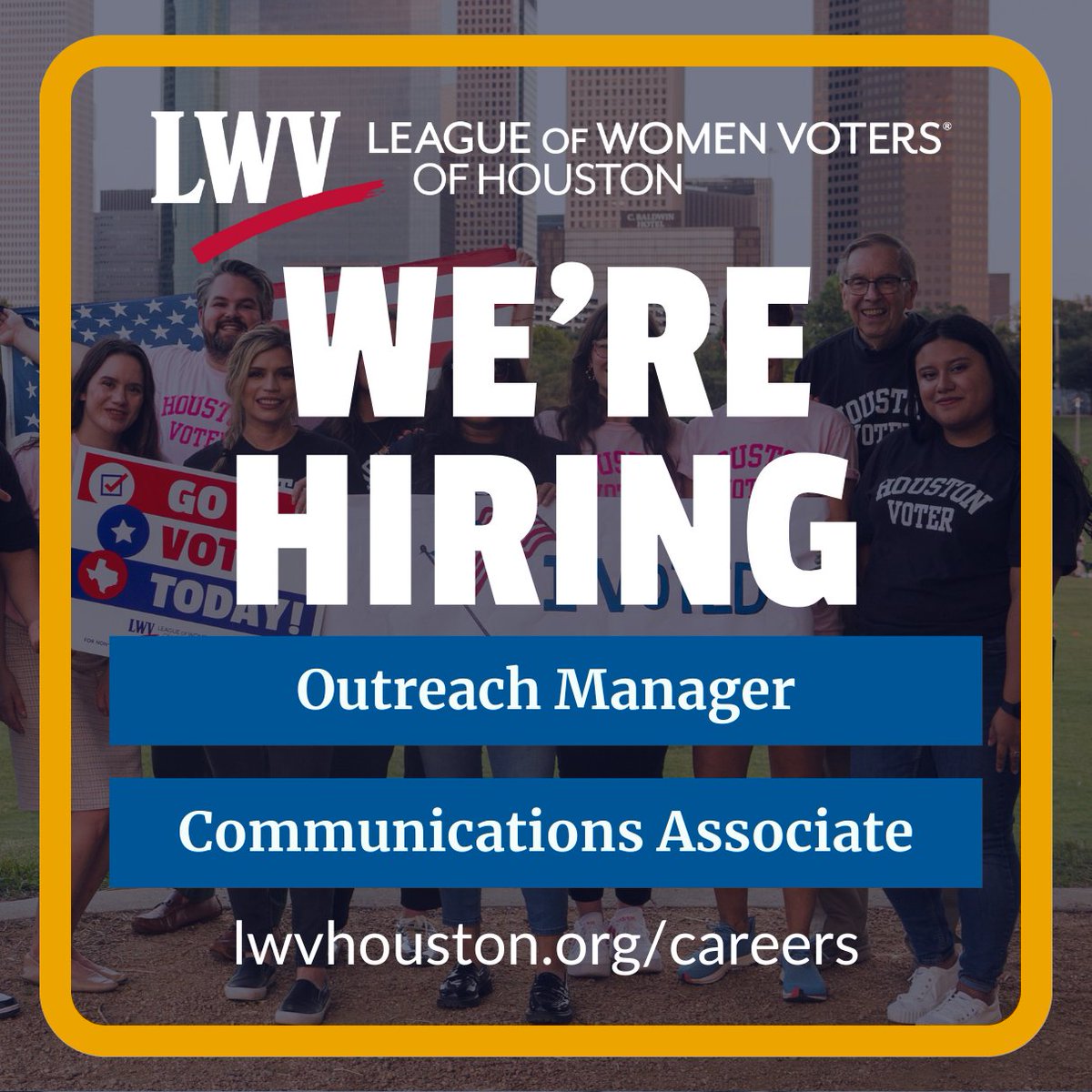 We're hiring! We are currently searching for two full-time employees to join our team. Positions include employer paid health benefits, 401k match, paid vacation, holidays, and office closures.

🔗lwvhouston.org/careers to apply