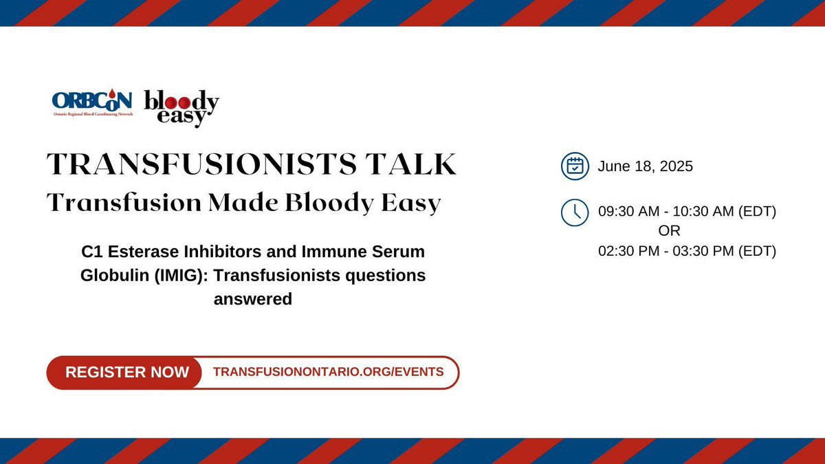 The registration is now available for our Transfusionists Talk, Transfusion Made Bloody Easy!
 
Infrequently Administered Blood Products: Information for Transfusionists ,On June 18th.
The two sessions available are 9:30-10:30am and 2:30 to 3:30pm 
buff.ly/VmOZuWd