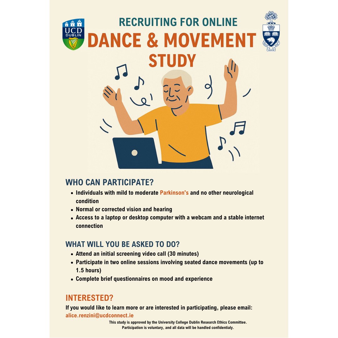 Parkinson's Ireland (@parkinsonsire) on Twitter photo UCD are recruiting those living with PD to take part in an online dance and movement study.
Participants will take part in two online sessions involving seated dance movements.
For more information, please email: alice.renzini@ucdconnect.ie UCD are recruiting those living with PD to take part in an online dance and movement study.
Participants will take part in two online sessions involving seated dance movements.
For more information, please email: alice.renzini@ucdconnect.ie