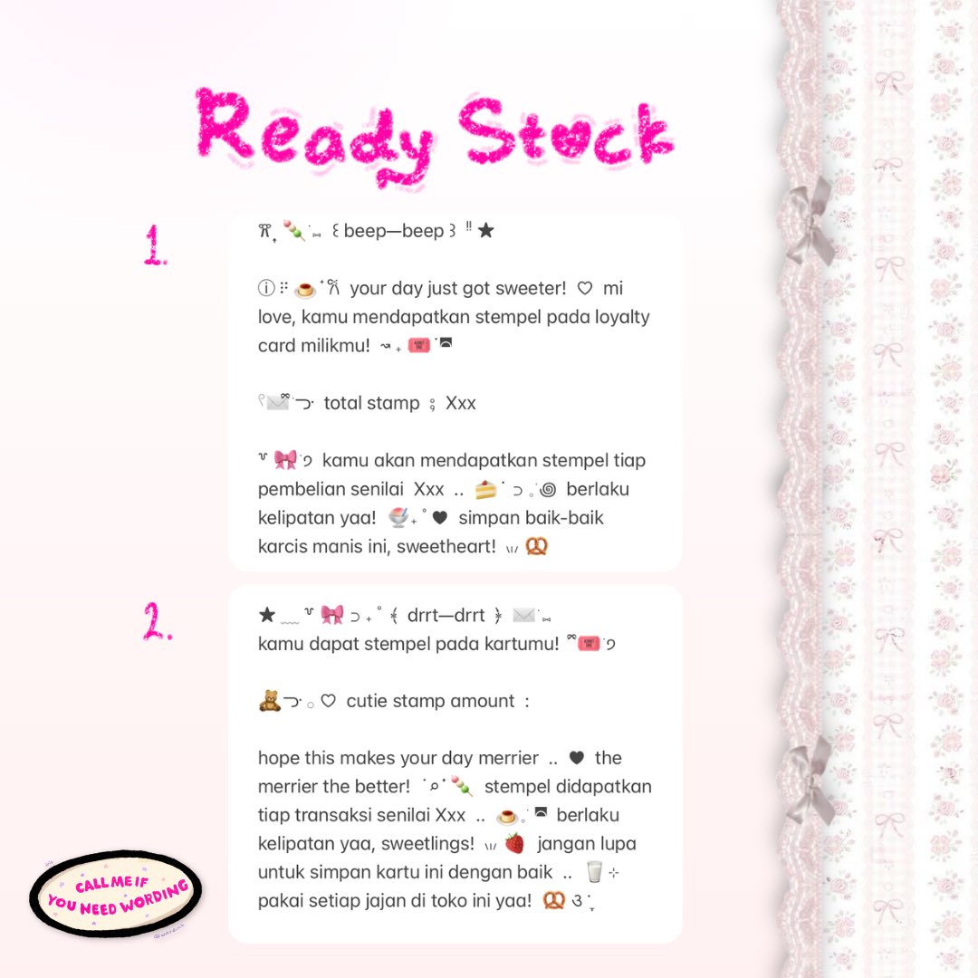 wordinh's tweet image. 'mlo!  ..  repost are appreciated!  🎀

READY STOCK  :  LOYALTY WORDING  ♡⃞  only 5.000 @ each!  ✉️  leggo___o grab your favorite fast!  🎀  reach out by dm to purchase these babies yaa  ..  🍧

t. #zonauang #zonaba  rs ba needs loyalty card