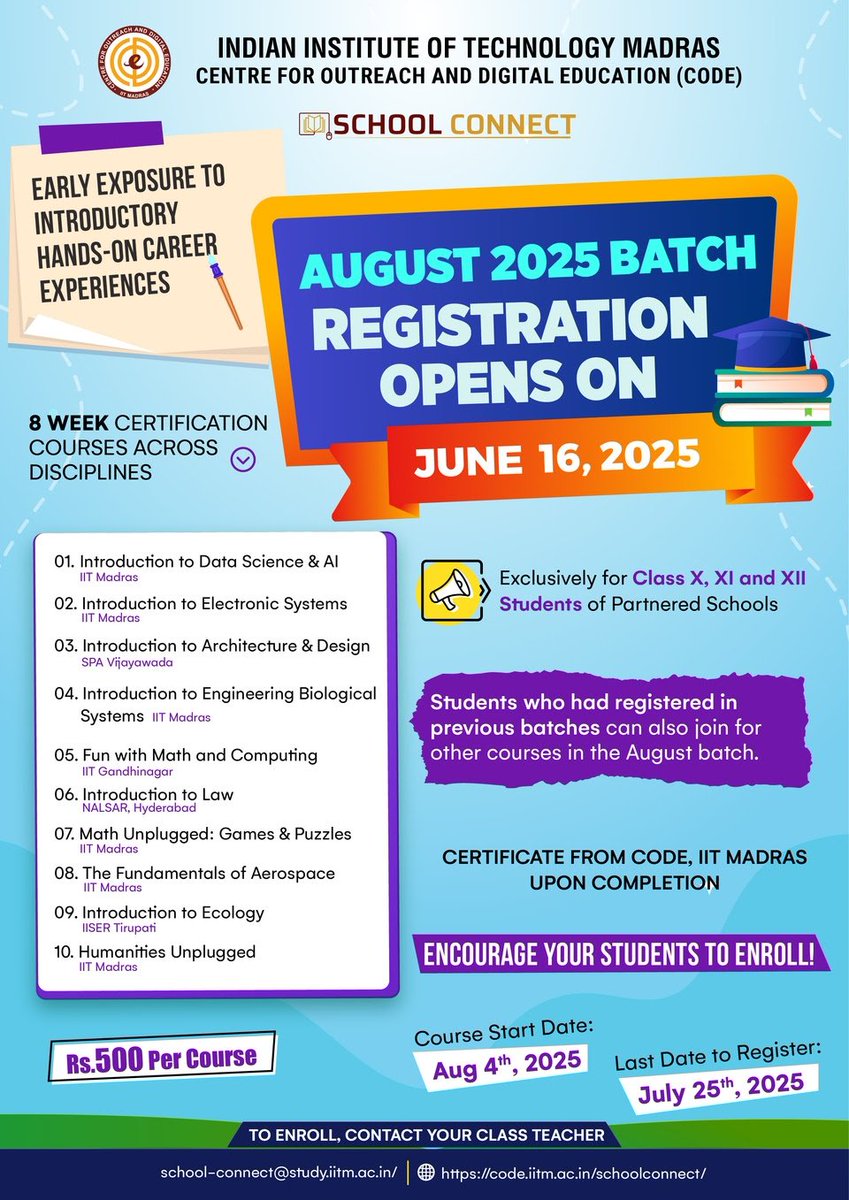 IIT Madras conducts some short courses for students students. They focus on diverse set of topics. Faculty from different institutes in India participate. Very useful in case your child is interested in any of these areas.  

Note - this is NOT related to preparation for some