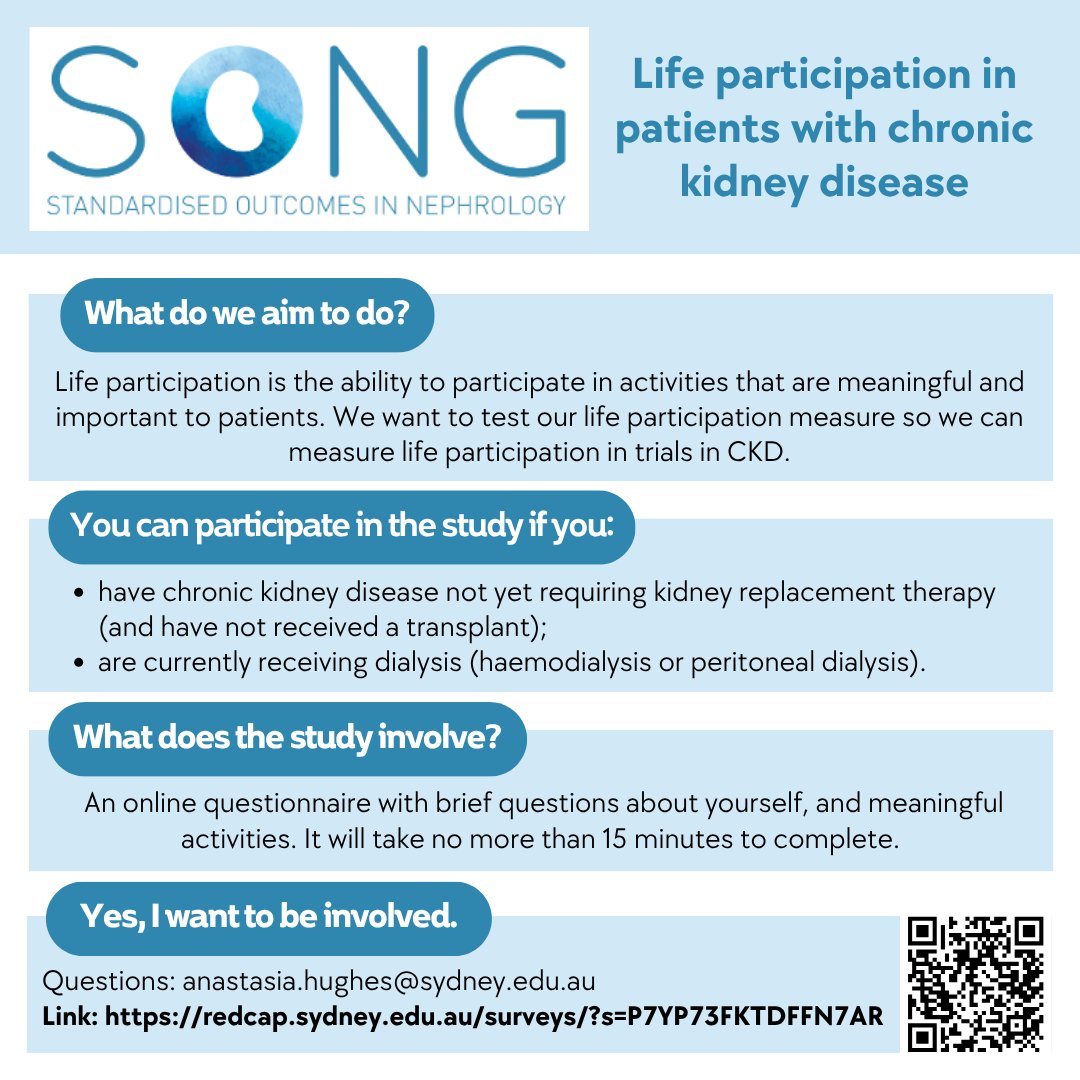 🫘  Have #ChronicKidneyDisease or on #Dialysis? The SONG Life Participation (LP) Survey wants to hear from you! 

🕒 Quick online survey at 3 time points
✅ People with #CKD (not on transplant) or on #Dialysis
📩 Survey link: redcap.sydney.edu.au/surveys/?s=P7Y…  
❓Questions? DM us